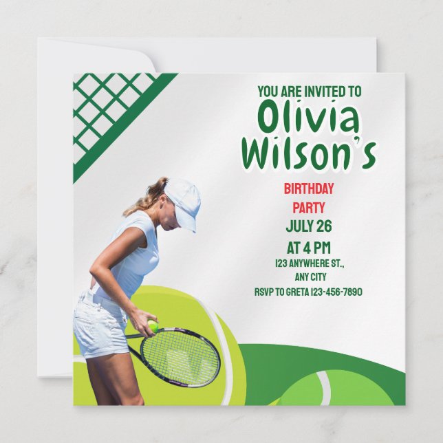 Invitation d'anniversaire de tennis, Fille joueuse (Devant)