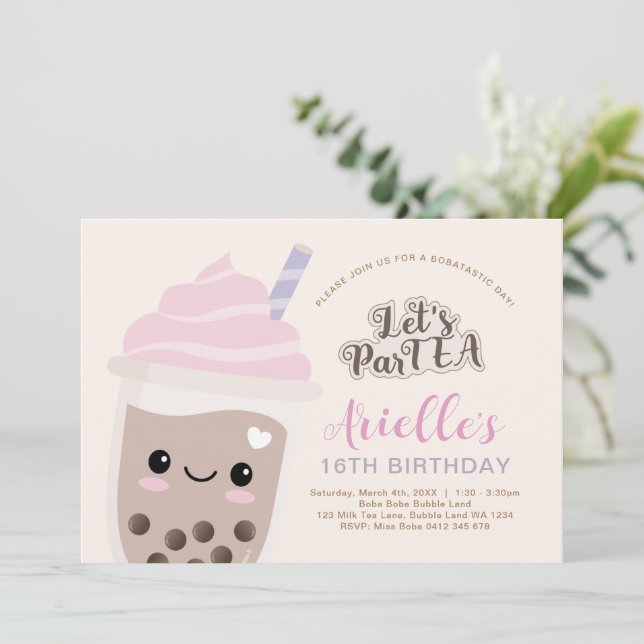 Invitation d'anniversaire de thé à bulles Boba min (Debout devant)