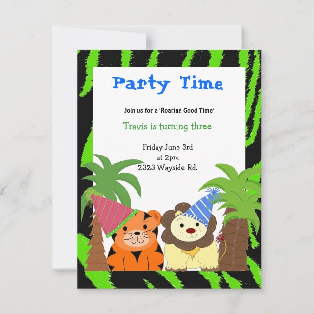 Invitation d'anniversaire de tigre et de lion (Devant)