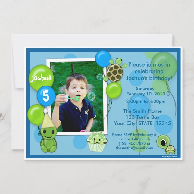 Invitation d'anniversaire de tortue ADORABLE (Devant)