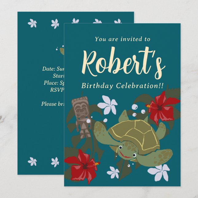 Invitation d'anniversaire de tortue de mer de dess (Devant / Derrière)