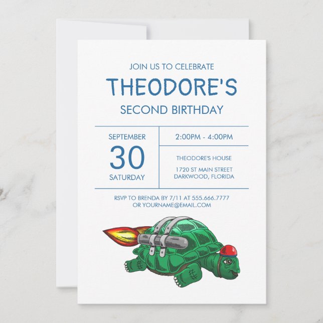 Invitation d'anniversaire de Tortue Fusée (Devant)