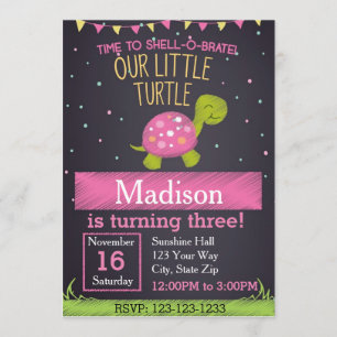 Invitation d'anniversaire de tortue (rose)