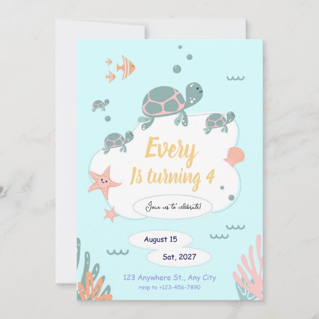 Invitation d'anniversaire de tortue sous l'invitat (Devant)
