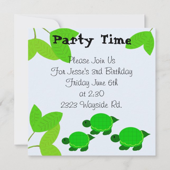 Invitation d'anniversaire de Tortue Verte (Devant)