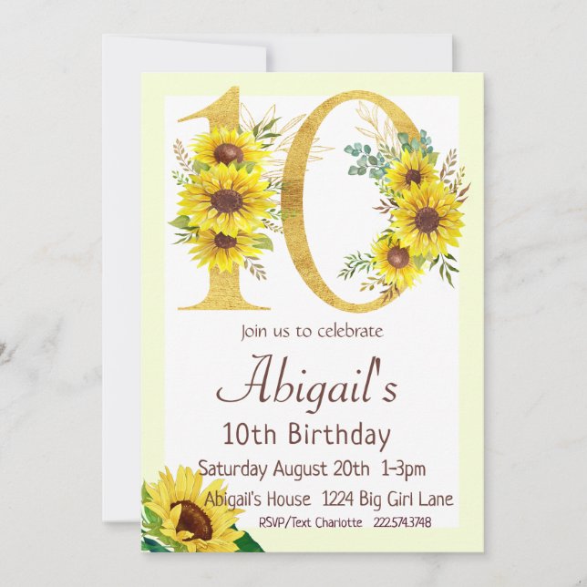 Invitation d'anniversaire de tournesol, 10e annive (Devant)