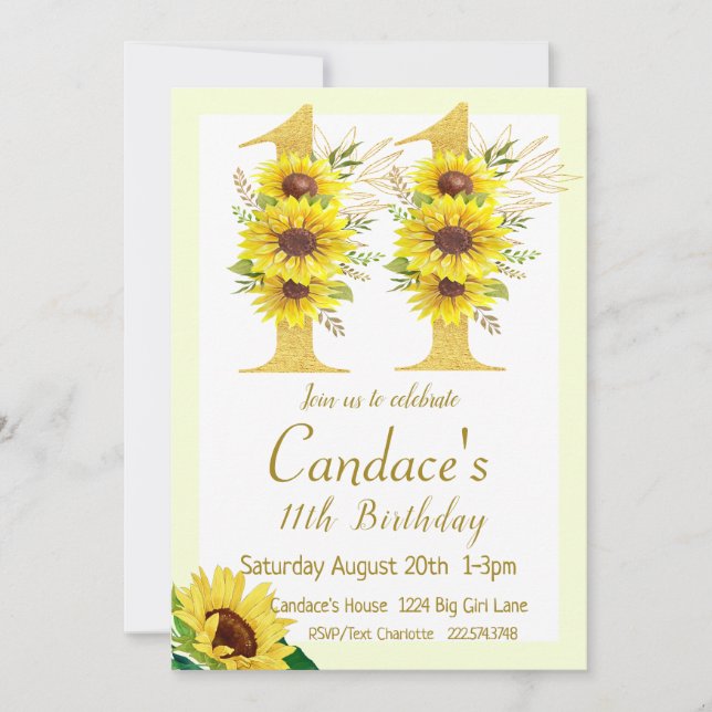 Invitation d'anniversaire de tournesol, 11e annive (Devant)