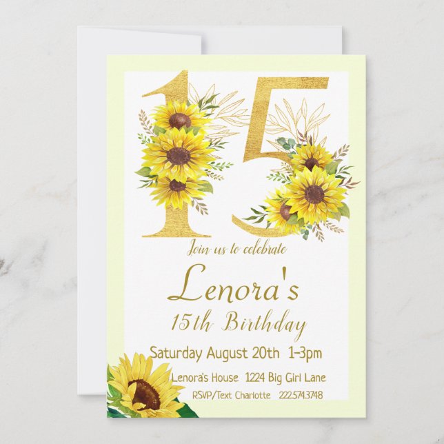 Invitation d'anniversaire de tournesol, 15e annive (Devant)