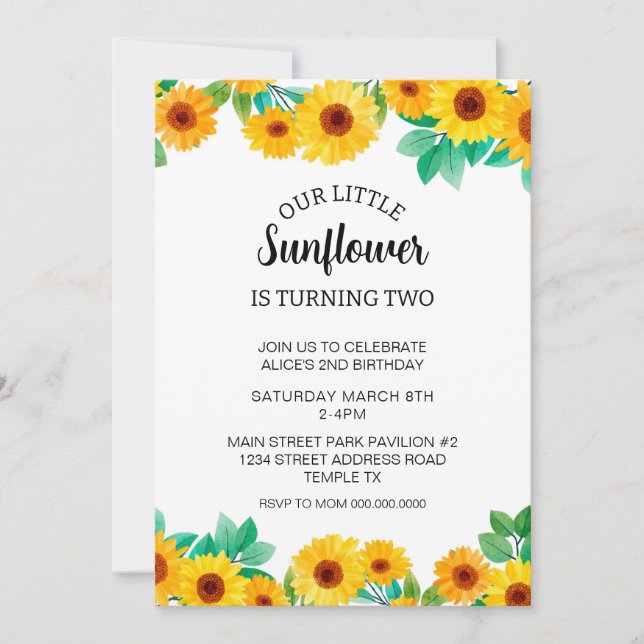 Invitation d'anniversaire de tournesol été Télécha (Devant)