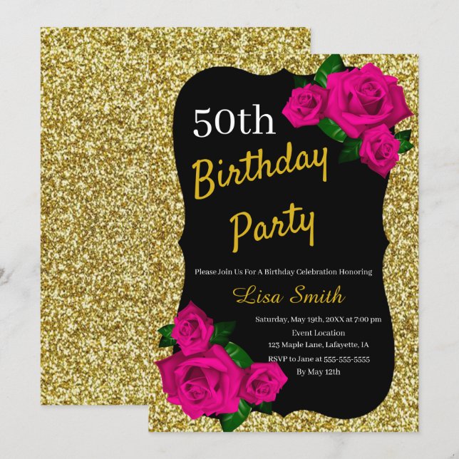 Invitation d'anniversaire de tout âge avec roses r (Devant / Derrière)