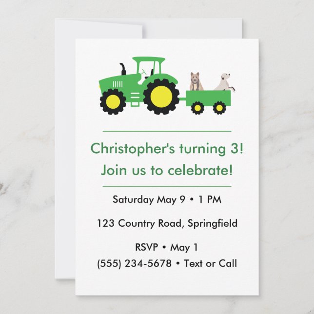 Invitation d'anniversaire de tracteur de ferme per (Devant)