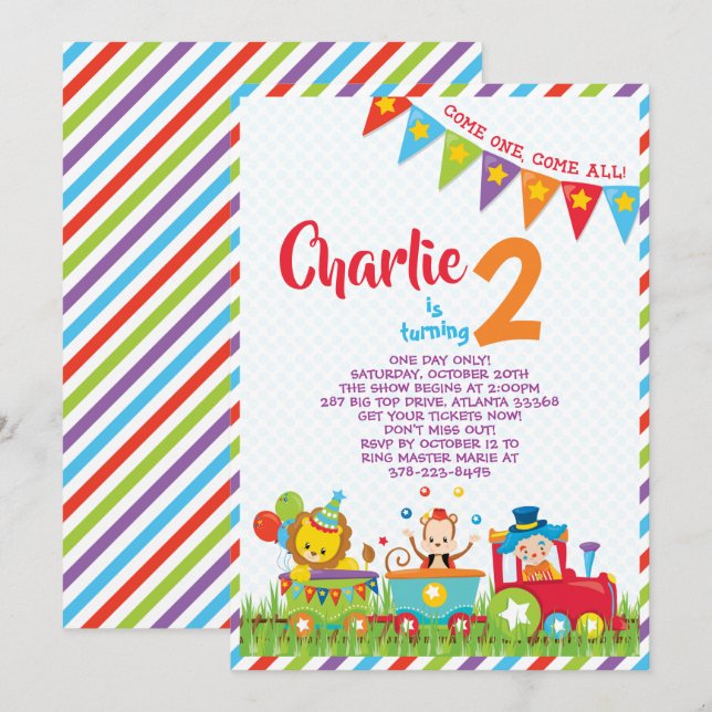 Invitation d'anniversaire de train de cirque (Devant / Derrière)