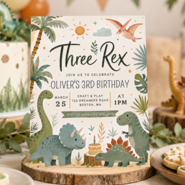 Invitation d'anniversaire de trois garçons Rex din (Créateur téléchargé)