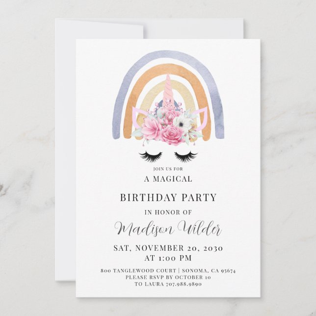 Invitation d'anniversaire de Unicorn et Rainbow Ki (Devant)