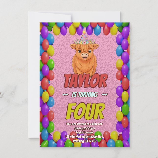 Invitation d'anniversaire de vache Highland Fluffy (Devant)