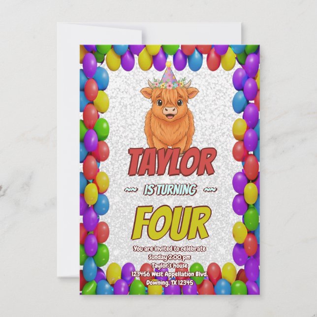 Invitation d'anniversaire de vache Highland Fluffy (Devant)