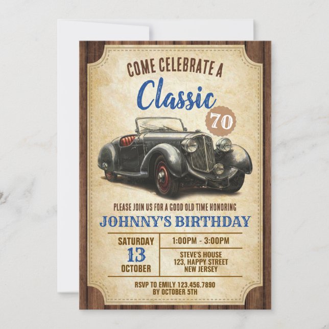 Invitation d'anniversaire de voiture classique num (Devant)