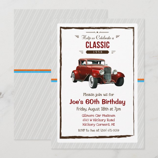 Invitation d'anniversaire de voiture classique vin (Devant / Derrière)