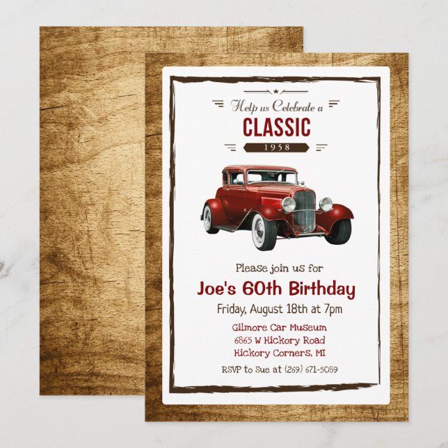 Invitation d'anniversaire de voiture classique vin (Devant / Derrière)