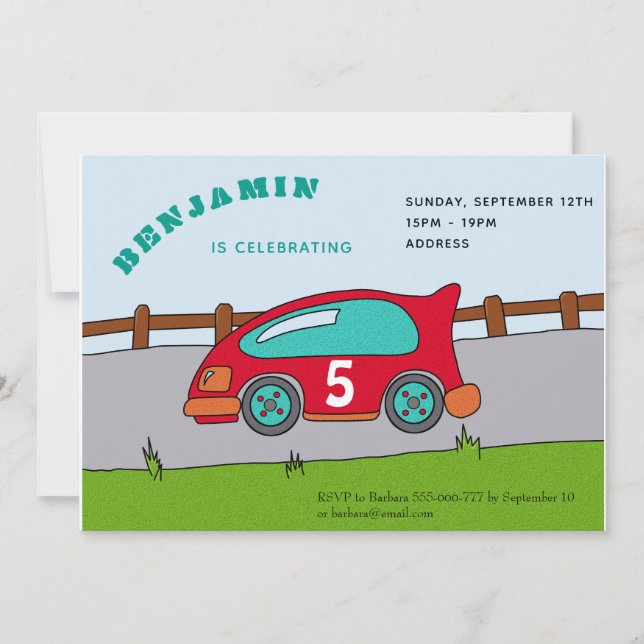 Invitation d'anniversaire de voiture de course (Devant)