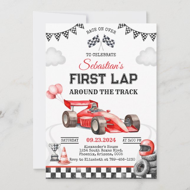Invitation d'anniversaire de voiture de course (Devant)