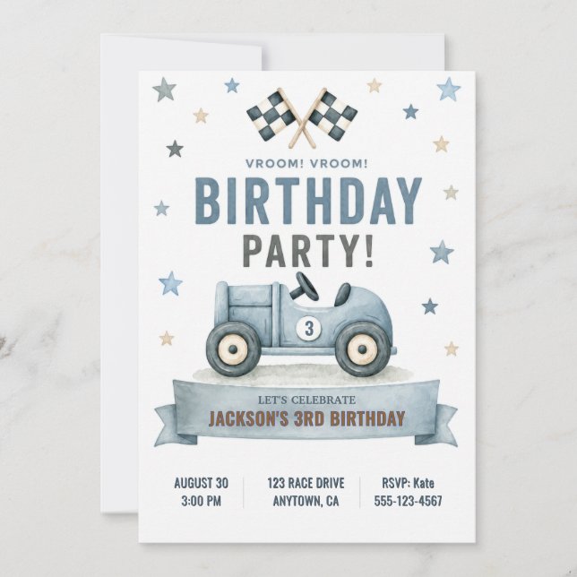 Invitation d'anniversaire de voiture de course (Devant)