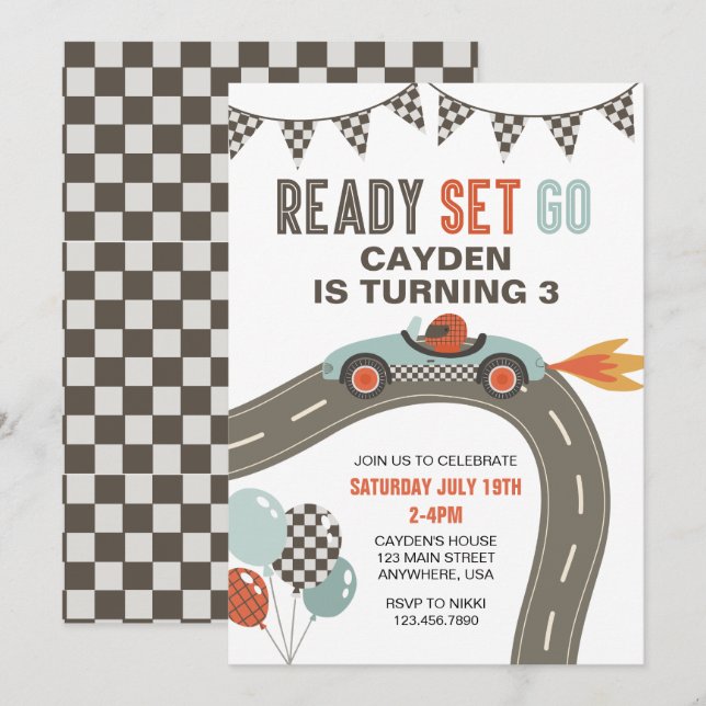 Invitation d'anniversaire de voiture de course (Devant / Derrière)