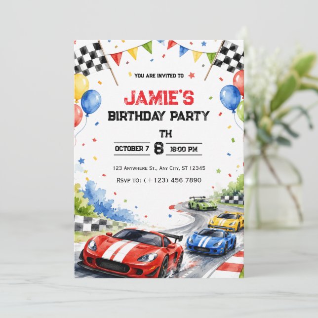 Invitation d'anniversaire de voiture de course à l (Debout devant)