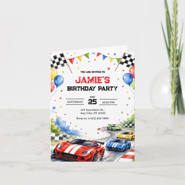 Invitation d'anniversaire de voiture de course à l (Devant)