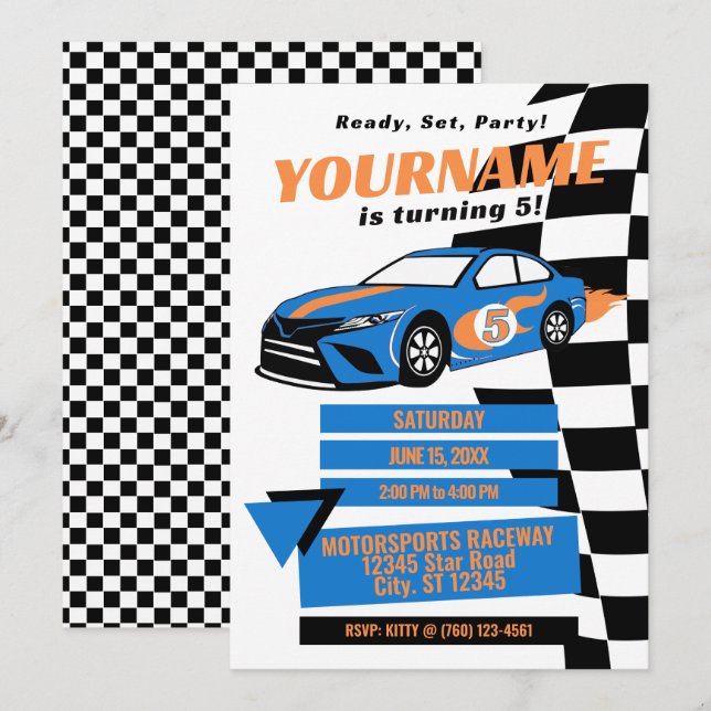 Invitation d'anniversaire de voiture de course (Bl (Devant / Derrière)