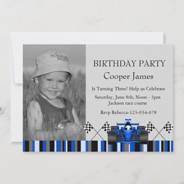 Invitation d'anniversaire de voiture de course ble (Devant)