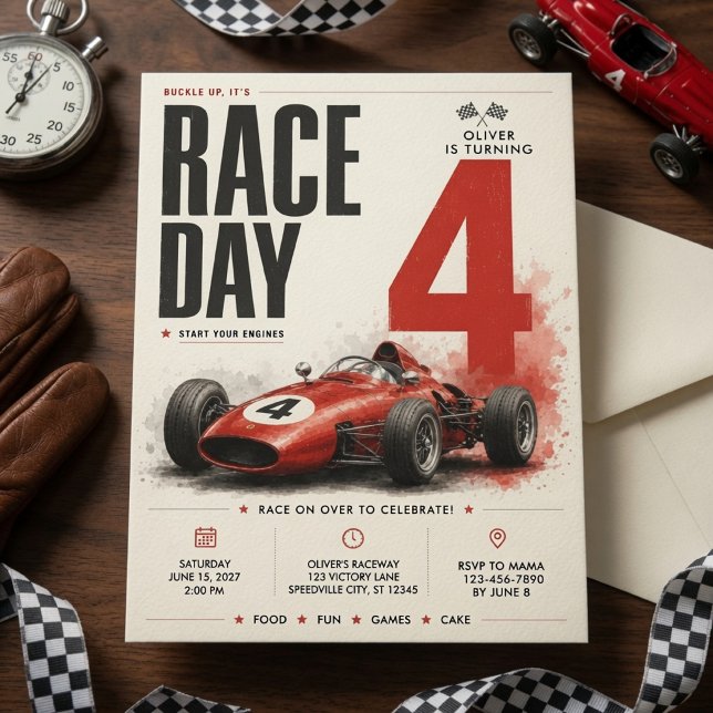 Invitation d'anniversaire de voiture de course de  (Créateur téléchargé)