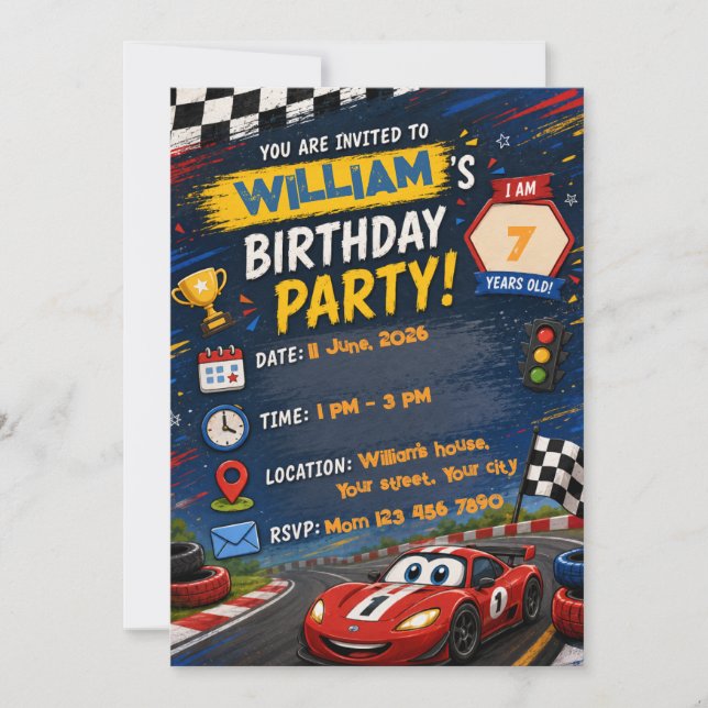 Invitation d'anniversaire de voiture de course | E (Devant)