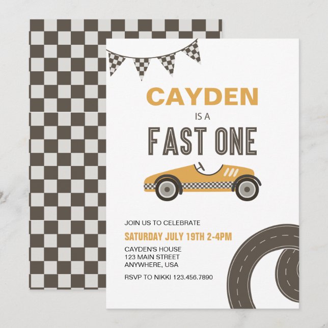 Invitation d'anniversaire de voiture de course Fas (Devant / Derrière)