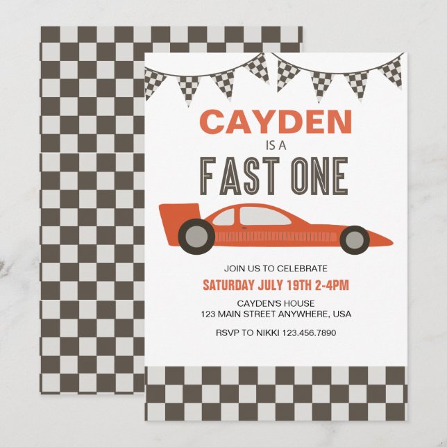 Invitation d'anniversaire de voiture de course Fas (Devant / Derrière)