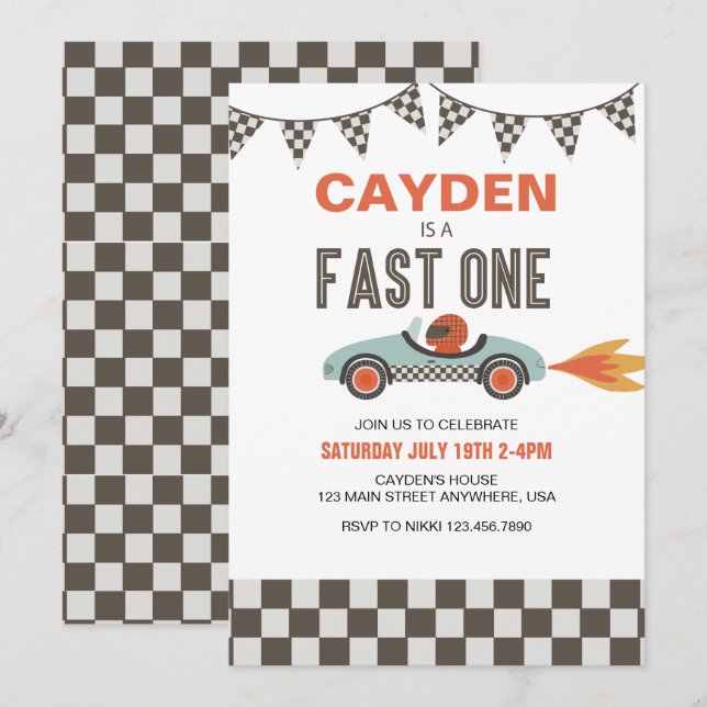 Invitation d'anniversaire de voiture de course Fas (Devant / Derrière)