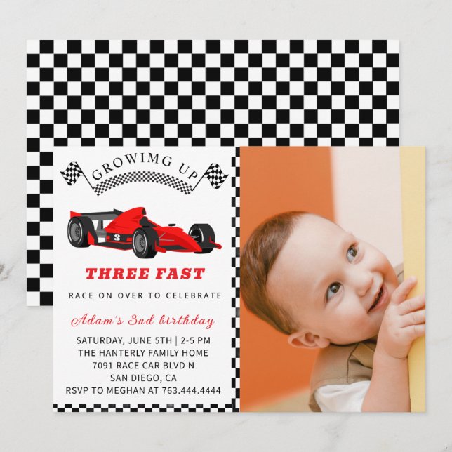 Invitation d'anniversaire de voiture de course – G (Devant / Derrière)