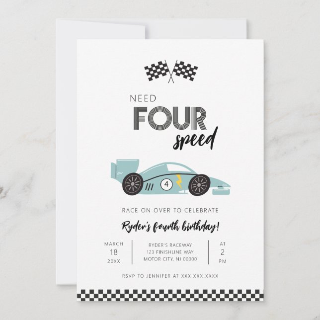 Invitation d'anniversaire de voiture de course Nee (Devant)