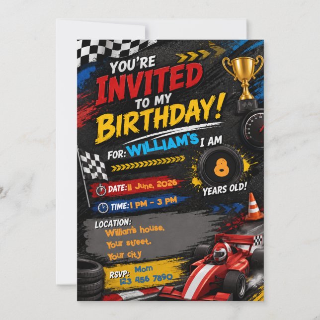 Invitation d'anniversaire de voiture de course | P (Devant)