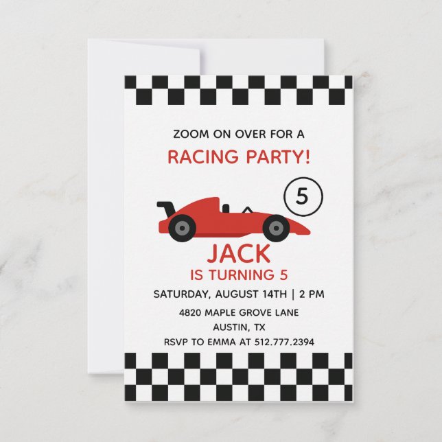 Invitation d'anniversaire de voiture de course rou (Devant)