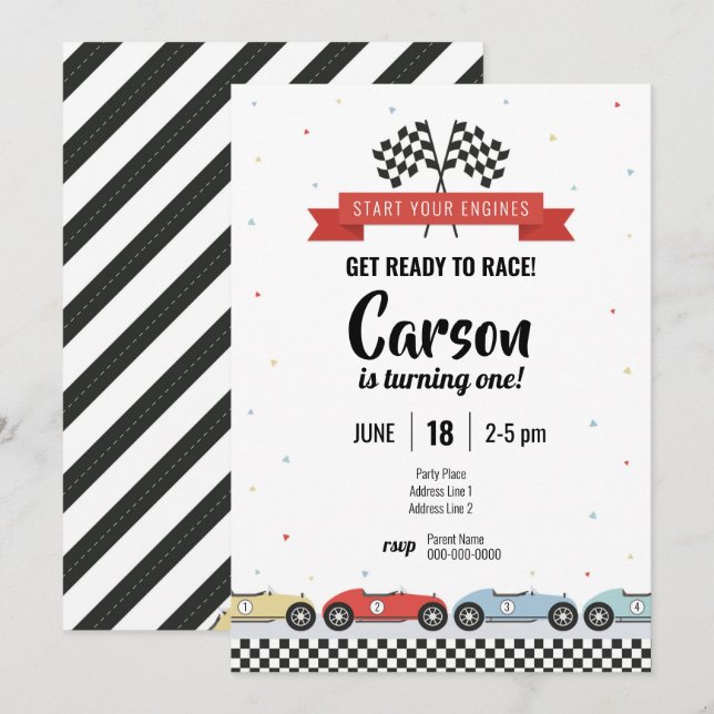 Invitation d'anniversaire de voiture de course vin (Devant / Derrière)