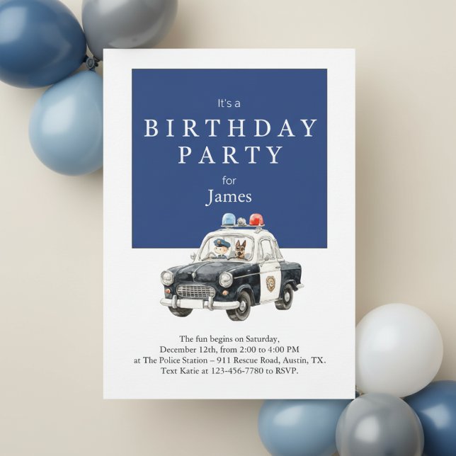 Invitation d'anniversaire de voiture de police • I (Watercolor police birthday invitation on beige surface with blue balloon decor in background)