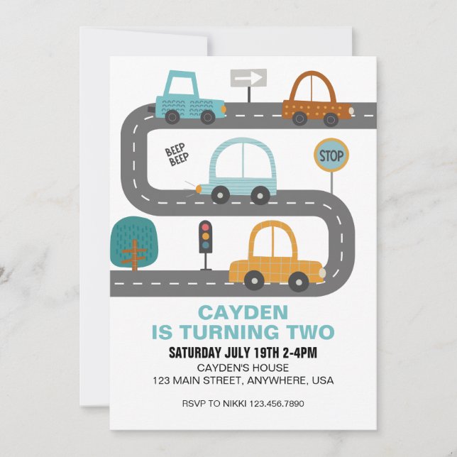 Invitation d'anniversaire de voitures sur la route (Devant)
