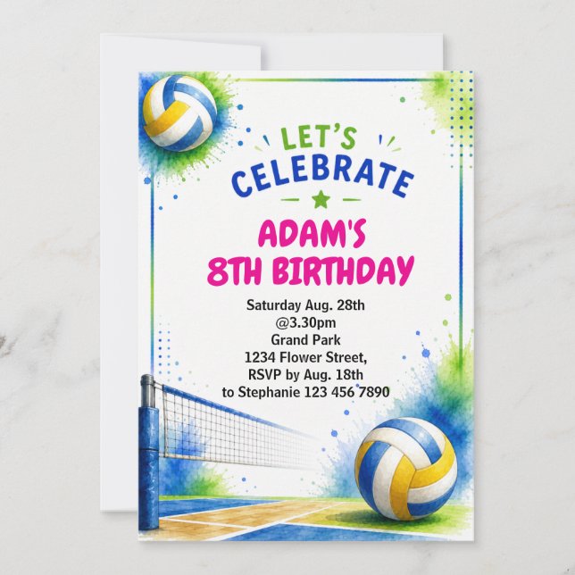 Invitation d'anniversaire de volley-ball aquarelle (Devant)