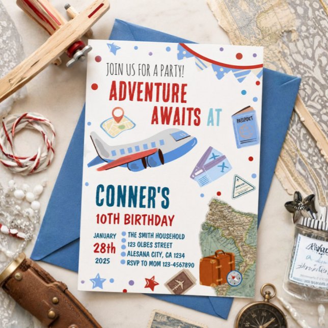 Invitation d'anniversaire de voyage Thème de desti (Adventure Awaits, Nautical Birthday, Travel Birthday Invitation)