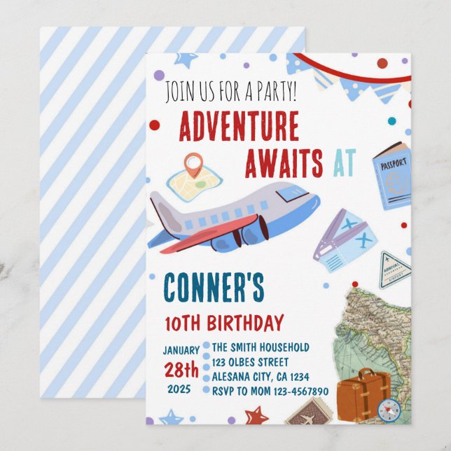 Invitation d'anniversaire de voyage Thème de la fê (Devant / Derrière)