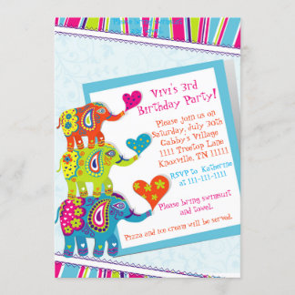 Invitation d'anniversaire d'éléphant coloré