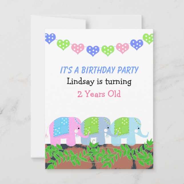 Invitation d'anniversaire d'éléphants indiens (Devant)