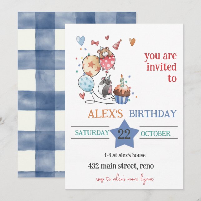 Invitation d'anniversaire d'enfant avec hérisson (Devant / Derrière)