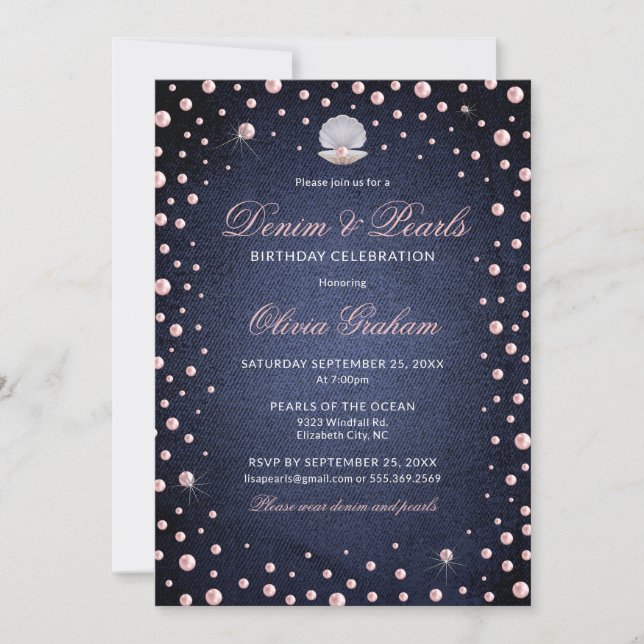Invitation d'anniversaire Denim et perles roses (Devant)